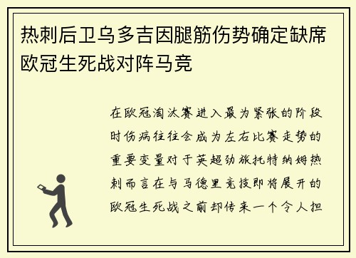 热刺后卫乌多吉因腿筋伤势确定缺席欧冠生死战对阵马竞